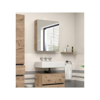 Závesná kúpeľňová skrinka so zrkadlom v dekore duba v prírodnej farbe 60x70 cm Wisla – Støraa - Image 5