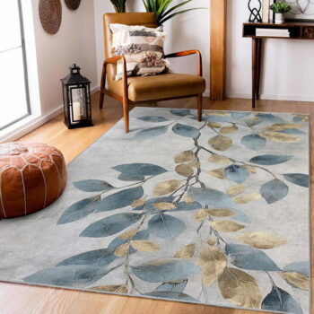 Prateľný koberec vo svetlomodrej a zlatej farbe 80x150 cm Golden Leaves – Mila Home - Image 6