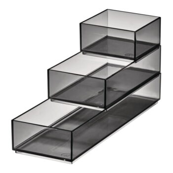 Matne čierne kúpeľňové organizéry na kozmetiku z recyklovaného plastu v súprave 3 ks Stack & Slide - iDesign