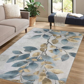 Prateľný koberec vo svetlomodrej a zlatej farbe 80x150 cm Golden Leaves – Mila Home - Image 11