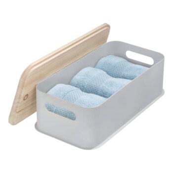 Sivý úložný box s vekom z dreva paulownia iDesign Eco Handled, 21,3 x 43 cm - Image 3