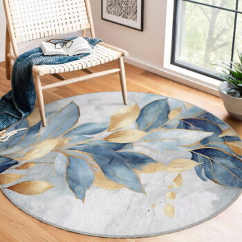 Prateľný okrúhly koberec v modrej a zlatej farbe ø 80 cm Golden Leaves – Mila Home - Image 10