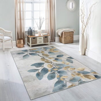 Prateľný koberec vo svetlomodrej a zlatej farbe 80x150 cm Golden Leaves – Mila Home - Image 2