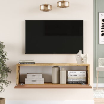 TV stolík v dekore borovice v tehlovo-prírodnej farbe 140x30x32 cm – Kalune Design - Image 4