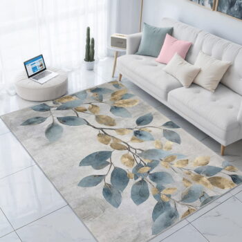 Prateľný koberec vo svetlomodrej a zlatej farbe 80x150 cm Golden Leaves – Mila Home - Image 3