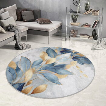 Prateľný okrúhly koberec v modrej a zlatej farbe ø 80 cm Golden Leaves – Mila Home - Image 3