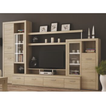 Modernú obývaciu stenu s osvetlením ATLANTIS NEW možno zakúpiť ako zostavu, ktorá pozostáva z: 2x vitrína (90x33x202 cm, 90x33x138 cm), TV stolík (219x35x48 cm) a 2x polička. Zostava je vyrobená z laminovanej DTD (16 mm) vo farebnom prevedení dub sonoma. Vitríny sa dodávajú s bielym LED osvetlením,…