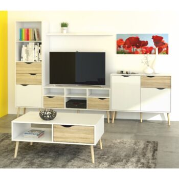 Obývaciu izbu OSLO možno zakúpiť ako zostavu, ktorá pozostáva z: konferenčný stolík (98,6x60,1x42,6 cm), TV stolík (117,1x56,9x39,1 cm), regál (50,1x39,1x170,6 cm), komoda (98,1x39,1x81 cm) a polica (). Systém Oslo je retro štýlová sektorová zostava, ktorú je vhodné umiestniť do obývacej izby alebo…
