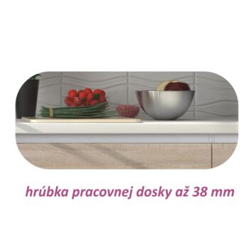 Dolná kuchynská skrinka LINE D80 U je trojzásuvková skrinka, ktorú je možné kombinovať s ostatnými prvkami z modelovej rady Line. Materiál použitý na výrobu je laminovaná DTD. Korpus je vo farbe biela, fronty vo farbe dub sonoma. Skrinka sa dodáva s dolnou lištou a pracovnou doskou s hrúbkou 38 mm.