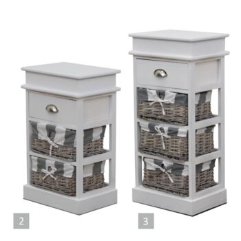 Komoda MATIAS 2 predstavuje originálny doplnok do Vašej predsiene, spálne či kúpeľne. Materiál použitý na výrobu je kombinácia dreva a prútia vo farebnom prevedení biela / sivá. Komoda má pevný rám, 2 prútené košíky a funkčnú zásuvku. Komodu odporúčame kombinovať s produktom Dzimbo 4.