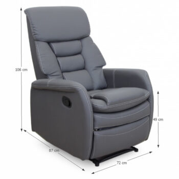 Relaxačné kreslo KOMFY je moderné polohovateľné kreslo s podnožkou, ktoré poskytuje maximálne pohodlie a relax. Kreslo je čalúnené sivou ekokožou. Výška a hĺbka sedu je 49 cm. Nosnosť kresla je 150 kg.
