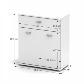 Komoda NENA 2 je dvojdverová komoda so zásuvkou. Komoda je kvalitný slovenský výrobok vyrobený z laminovanej DTD vo farbe biela, pričom na výber je aj v iných farebných vyhotoveniach.