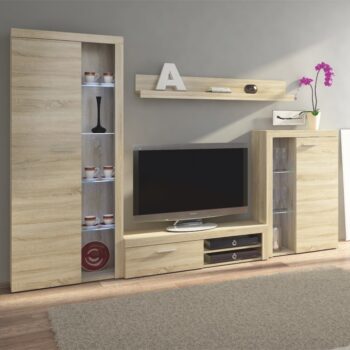 Modernú obývaciu stenu ROCHESTER možno zakúpiť ako zostavu, ktorá pozostáva z: TV stolík, 2x vitrína a polica. Materiál použitý na výrobu je laminovaná DTD vo farebnom prevedení dub sonoma, pričom na výber je aj v prevedení biela. K zostave možno doobjednať LED osvetlenie (4 ks) s bielym…