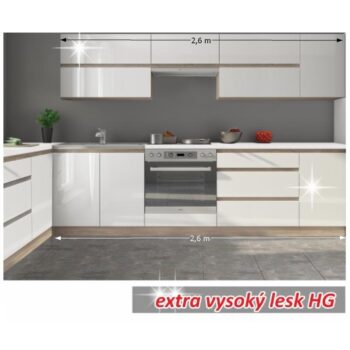 Moderná sektorová kuchyňa LINE WHITE je vyrobená z laminovanej DTD v neutrálnom farebnom prevedení, vďaka čomu sa ľahko kombinuje s ďalšími časťami nábytku a doplnkami. Korpus je vo farbe dub sonoma a dvierka skriniek vo farbe biely vysoký lesk. Namiesto klasických úchytiek pre otváranie dvierok…