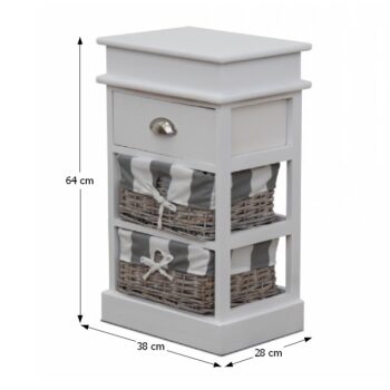 Komoda MATIAS 2 predstavuje originálny doplnok do Vašej predsiene, spálne či kúpeľne. Materiál použitý na výrobu je kombinácia dreva a prútia vo farebnom prevedení biela / sivá. Komoda má pevný rám, 2 prútené košíky a funkčnú zásuvku. Komodu odporúčame kombinovať s produktom Dzimbo 4.