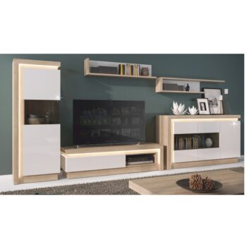 Obývaciu stenu LEONARDO možno zakúpiť ako zostavu, ktorá pozostáva z: TV stolík (130x42x42 cm), trojdverová vitrína (158x42x89 cm), jednodverová vitrína (60x42x164 cm) a 2x polica (120x20x25 cm, 130x20x28 cm). V cene je zahrnuté LED osvetlenie po obvode vitrín a TV stolíka, čo dodá Vašej obývacej…