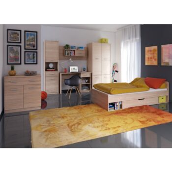 Detskú izbu TEYO možno zakúpiť ako zostavu, ktorá pozostáva z: komoda (83x34x85 cm), regál (50x34x195 cm), PC stôl (120x54x77 cm), poličkový systém (120x23x55 cm), šatníková skriňa (83x55x195 cm) a posteľ (95,5x203x60 cm). Posteľ sa dodáva bez roštu a matraca, ktoré je možné doobjednať. Spacia…