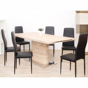 Jedálenský stôl AMAR je dizajnový stôl vhodný na zariadenie kuchyne alebo jedálne. Materiál použitý na výrobu je MDF vo farebnom prevedení dub sonoma.
