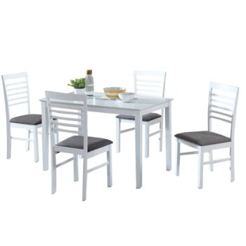Moderný jedálenský set BRISBO 1+4 vám zaručene spríjemní spoločné chvíle strávené s rodinou či priateľmi. Skladá sa zo stola (110x70x76 cm) a štyroch pohodlných stoličiek (42x45,5x93,5 cm). Vyrobený je z kvalitného materiálu MDF v kombinácií s drevom v obľúbenom bielom prevedení. Stoličky sú…