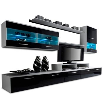 Modernú obývaciu stenu s osvetlením LEO možno zakúpiť ako zostavu, ktorá pozostáva z: TV stolík (250x42x32 cm), 2x visiaca vitrína (100x28x50 cm, 50x28x100 cm) a 2x polica (100x18 cm, 150x18 cm). Korpus je vyrobený z kvalitnej laminovanej DTD bielej farby, fronty z MDF v čiernom vysokom lesku.…