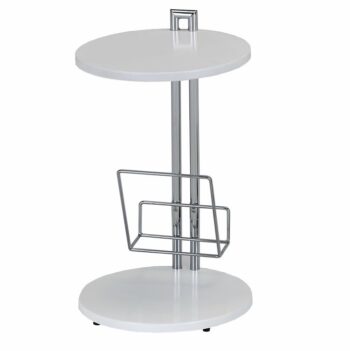 Príručný stolík ANABEL je vyrobený z kovu vo farbe chrómu v kombinácii s MDF doskami bielej farby s priemerom 33 cm. Stolík je doplnený držiakom na časopisy.