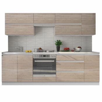 Moderná sektorová kuchyňa LINE je vyrobená z laminovanej DTD v neutrálnom farebnom prevedení, vďaka čomu sa ľahko kombinuje s ďalšími časťami nábytku a doplnkami. Korpus je vo farbe biela a dvierka skriniek vo farbe dub sonoma. Dolné skrinky sa dodávajú s dolnou lištou a pracovnou doskou s hrúbkou…