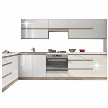 Moderná sektorová kuchyňa LINE WHITE je vyrobená z laminovanej DTD v neutrálnom farebnom prevedení, vďaka čomu sa ľahko kombinuje s ďalšími časťami nábytku a doplnkami. Korpus je vo farbe dub sonoma a dvierka skriniek vo farbe biely vysoký lesk. Namiesto klasických úchytiek pre otváranie dvierok…
