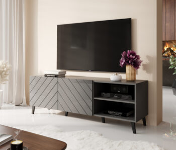 TV stolík ABETO 150 má elegantný a jedinečný dizajn, ktorý Vás očarí svojou výnimočnosťou, pretože si skrinky a poličku viete umiestniť podľa vlastného vkusu. Farebné prevedenie grafit / grafit lesk dodáva interiéru štýlový a elegantný vzhľad, ktorý zaručene zaujme pohľady Vašich návštevníkov. Dve…