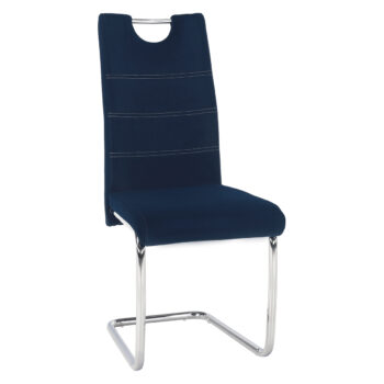 Jedálenská stolička Abira New v elegantnej modrej farbe (Velvet) s chrómovými detailmi je ideálnym doplnkom pre moderné interiéry. Táto stolička, ktorú ponúka značka KONDELA, kombinuje štýlový dizajn s praktickosťou a pohodlím.