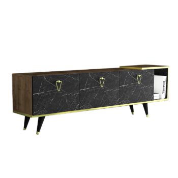TV stolík ALASKA – Luxusný dizajn a praktické úložné riešenie pre vašu obývaciu izbuTV stolík ALASKA prináša moderný a elegantný dizajn, ktorý zaujme na prvý pohľad. Je ideálnym doplnkom do obývacej izby a ponúka praktické úložné priestory vďaka kombinácii troch plných dvierok (skriniek) a regálku. Kvalitné materiály a luxusný vzhľad zaistia dlhú životnosť a jedinečný štýl vášho interiéru.Hlavné vlastnosti produktu:Typ tovaru: TV stolíkVhodné do miestnosti: Obývacia izbaMateriál: Melamín, VT laminátRozmery: 51 x 160 x 31.6 cmFarba: Orech + čiernaVybavenie: Plné dvierka (skrinka) a regálokŠtýl: LuxusnéPočet dverí: 3Hrúbka materiálu: 18 mmDodatočné informácie: Dodávame v demonteStolík ALASKA je dokonalou kombináciou estetiky a praktickosti. Ponúka dostatok úložného priestoru pre elektroniku, príslušenstvo aj dekorácie, zatiaľ čo jeho elegantné prevedenie skvele doplní vašu obývaciu izbu. Zaobstarajte si TV stolík ALASKA a dodajte svojmu interiéru luxusný a funkčný prvok!