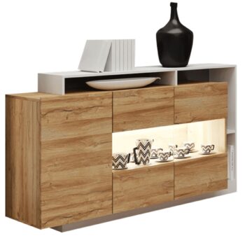 Luxusná komoda ALICANTE je moderný kus nábytku, ktorý sa vďaka svojmu dizajnu bude vynímať vo Vašej domácnosti. Rozmery komody sú (ŠxHxV): 155x30-44x93,5 cm. Na jej výrobu bola použitá laminovaná DTD (drevotriesková doska) s hrúbkou 1,6 cm. Farebné prevedenie pôsobí veľmi príjemne a je robené…