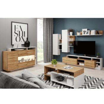 Luxusná komoda ALICANTE je moderný kus nábytku, ktorý sa vďaka svojmu dizajnu bude vynímať vo Vašej domácnosti. Rozmery komody sú (ŠxHxV): 155x30-44x93,5 cm. Na jej výrobu bola použitá laminovaná DTD (drevotriesková doska) s hrúbkou 1,6 cm. Farebné prevedenie pôsobí veľmi príjemne a je robené…