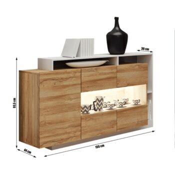 Luxusná komoda ALICANTE je moderný kus nábytku, ktorý sa vďaka svojmu dizajnu bude vynímať vo Vašej domácnosti. Rozmery komody sú (ŠxHxV): 155x30-44x93,5 cm. Na jej výrobu bola použitá laminovaná DTD (drevotriesková doska) s hrúbkou 1,6 cm. Farebné prevedenie pôsobí veľmi príjemne a je robené…