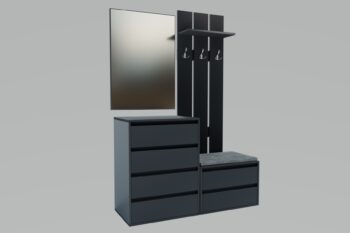 Predsieňová zostava AMARO zaujme elegantným prevedením ako aj veľmi funkčným využitím priestoru. Vďaka svojím praktickým rozmerom sa zmestí aj do menších priestorov. Farba sa hodí do akéhokoľvek interiéru. Vankúšik je v šedej farbe.Je vyrobená z kvalitnej LTD dosky nenáročnej na údržbu.Farebné prevedenie: grafit greyPredsieňová zostava obsahuje:Štvorzásuvková komoda (ŠxVxH): 60 x 80 x 42 cmDvojzásuvková skrinka na topánky s vankúšikom (ŠxVxH): 60 x 40 x 42 cmVešiakový panel s odkladacou policou (ŠxVxH): 60 x 138 x 23,2 cm.ZrkadloDodávame v demonte.
