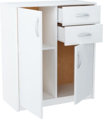 Dvojdverová komoda ANES s vnútornou policou a dvomi zásuvkami, je vyrobená z kvalitnej LTD dosky. Korpus skrinky a takisto dvierka sú v obľúbenom farebnom prevedení biela. K dispozícií máte ďalších 5 farebných prevedení na výber. Pojazdy v zásuvkách sú kovové s plastovými koliečkami. Úchytky sú z plastu vo farbe alumínium oblého tvaru. Dodávame v demontovanom stave.