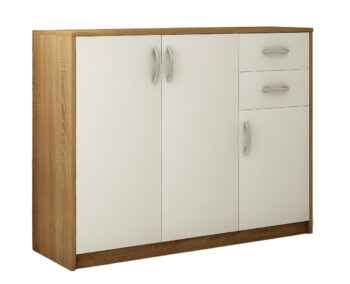 Trojdvierková komoda ANES s dvomi zásuvkami, je vyrobená z kvalitnej LTD dosky. Korpus komody je v obľúbenom farebnom prevedení dub sonoma, dvierka sú v bielej farbe. K dispozícií máte ďalších 5 farebných prevedení na výber. Pojazdy v zásuvkách sú kovové s plastovými koliečkami. Vnútro tvorí polica.Úchytky sú z plastu vo farbe alumínium oblého tvaru. Dodávame v demontovanom stave.