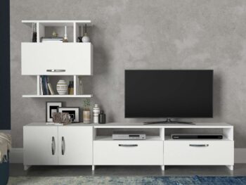 Predstavujeme ANEVA, obývaciu stenu, ktorá prináša do vašej obývačky elegantný a moderný dizajn. Táto štýlová zostava v bielej farbe je navrhnutá tak, aby poskytovala praktické a estetické riešenie pre vaše multimediálne zariadenia a ďalšie potreby.Detailné špecifikácieTyp tovaru: Obývacia stenaMateriál: Kvalitná LTD s hrúbkou materiálu 18 mm, zaisťujúca odolnosť a dlhú životnosť.Rozmery:TV stolík: 180 x 31.6 x 40 cmNástenná polica: 60 x 27.1 x 70 cmFarba: Elegantná biela, ktorá dodáva priestoru svieži a čistý vzhľad.Vybavenie: Regálka poskytujúca dostatok úložného priestoru pre elektroniku, knihy alebo dekorácie.Dodatočné informácie: Produkt je dodávaný v demontovanom stave, čo uľahčuje transport a montáž.Obývacia stena ANEVA je ideálnou voľbou pre tých, ktorí hľadajú moderný a funkčný nábytok s elegantným vzhľadom. Jej biela farba a minimalistický dizajn prinášajú do vášho domova sviežosť a moderný štýl, zatiaľ čo poskytuje dostatok úložného priestoru pre všetky vaše potreby.