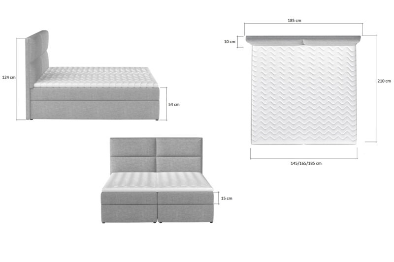 ANGELINA 04 boxpringová posteľ 180 x 200 cm, Kronos 19 Manželská posteľ Angelina patrí k boxpringovým posteliam, ktoré zosobňujú eleganciu, luxus a pohodlný odpočinok v jednom. Je vyrobená z kvalitných materiálov, čo zaisťuje jej dlhodobé používanie. Poskytuje vysoký komfort, ktorý ocení aj náročnejší zákazník. Táto moderná boxpringová posteľ sa stane neoddeliteľnou súčasťou vášho domova.V spodnej časti postele Angelina sa nachádzajú 2 priestranné úložné priestory. Nad úložným priestorom je zabudovaný matrac, ktorý je vyplnený bonellovými pružinami v spojení s PUR penou o hustote T-25. Na ňom sa nachádza TOPPER - vrchný krycí matrac. Je vyplnený kvalitnou PUR penou. Topper eliminuje medzeru medzi matracmi a vytvára tak hladký povrch na spanie. Vysoké čelo postele slúži ako mäkká opierka hlavy. Plní nie len estetickú funkciu, ale tiež chráni stenu pred oderom. Manželská posteľ Angelina je čalúnená pevnou a kvalitnou poťahovou látkou Kronos 19.  Rozmery postele (š,v,h): 185 x 124 x 210 cm. Výška spacej plochy: 54 cm. Výška nožičiek: 3 cm. Spacia plocha: 180 x 200 cm. Výška matraca: 15 cm. Výška toppera: 4 cm. Ďalšie charakteristiky:Tvrdosť matraca - H3Jednostranný matracHypoalergénny poťahPoťah je snímateľný (na zips) - možnosť prať na 40°CV našej ponuke nájdete aj ďalšie prevedenia tejto štýlovej postele.Dodávame v demontovanom stave.
