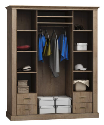 Klasický štýl sektorového nábytku ANTIK dodá neobyčajný pôvab vašej domácnosti. S týmto elegantným nábytkom si môžete štýlovo zariadiť nielen obývaciu izbu ale aj spálňu. Šatníková skriňa A-183 má rozmery v/š/h 220 x 183 x 68 cm. Súčasťou jej vnútorného vybavenia je vešiaková tyč, police i zásuvky. Farebné prevedenie: kraft zlatý. Materiál kvalitná LTD doska. Úchyty sú kovové.  Dodávame v demonte.