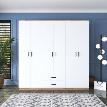 Šatníková skriňa AREA – vysoká a široká elegancia pre vašu spálňuŠatníková skriňa AREA je ideálnym riešením pre organizáciu vášho šatníka. Kombinuje moderný dizajn v bielej farbe a dekore orecha s praktickým usporiadaním, vďaka ktorému získate dostatok priestoru pre všetky vaše odevy a doplnky. Perfektná voľba pre spálne, ktoré hľadajú štýl aj funkčnosť.Hlavné vlastnosti šatníkovej skrine AREA:Materiál: melamín a VT laminát – odolný a ľahko udržiavateľný povrch.Rozmery: 210 x 210 x 51,5 cm – vysoký a široký dizajn pre maximálny úložný priestor.Farba: elegantná kombinácia bielej a orecha, ktorá sa hodí do moderných interiérov.Vybavenie:2 zásuvky na uloženie menších doplnkov alebo bielizne.3 šatníkové tyče na zavesenie oblečenia.4 police pre organizáciu zloženého oblečenia alebo krabíc.Počet dverí: 6 – ľahký prístup ku všetkým častiam skrine.Tvar: obdĺžnikový – praktický dizajn pre efektívne využitie priestoru.Hrúbka materiálu: 18 mm – pevná a stabilná konštrukcia.Možnosť pripevnenia k stene pre vyššiu stabilitu a bezpečnosť.Dodávame v demontovanom stave s prehľadným montážnym návodom.Šatníková skriňa AREA spája modernú estetiku a premyslené usporiadanie úložného priestoru. Je navrhnutá tak, aby vyhovovala všetkým vašim potrebám, a zároveň dodáva spálni štýlový a sofistikovaný vzhľad.Vylepšite svoju spálňu s priestrannou šatníkovou skriňou AREA – elegantné a praktické riešenie pre váš šatník!