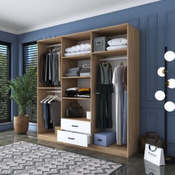 Šatníková skriňa AREA – vysoká a široká elegancia pre vašu spálňuŠatníková skriňa AREA je ideálnym riešením pre organizáciu vášho šatníka. Kombinuje moderný dizajn v bielej farbe a dekore orecha s praktickým usporiadaním, vďaka ktorému získate dostatok priestoru pre všetky vaše odevy a doplnky. Perfektná voľba pre spálne, ktoré hľadajú štýl aj funkčnosť.Hlavné vlastnosti šatníkovej skrine AREA:Materiál: melamín a VT laminát – odolný a ľahko udržiavateľný povrch.Rozmery: 210 x 210 x 51,5 cm – vysoký a široký dizajn pre maximálny úložný priestor.Farba: elegantná kombinácia bielej a orecha, ktorá sa hodí do moderných interiérov.Vybavenie:2 zásuvky na uloženie menších doplnkov alebo bielizne.3 šatníkové tyče na zavesenie oblečenia.4 police pre organizáciu zloženého oblečenia alebo krabíc.Počet dverí: 6 – ľahký prístup ku všetkým častiam skrine.Tvar: obdĺžnikový – praktický dizajn pre efektívne využitie priestoru.Hrúbka materiálu: 18 mm – pevná a stabilná konštrukcia.Možnosť pripevnenia k stene pre vyššiu stabilitu a bezpečnosť.Dodávame v demontovanom stave s prehľadným montážnym návodom.Šatníková skriňa AREA spája modernú estetiku a premyslené usporiadanie úložného priestoru. Je navrhnutá tak, aby vyhovovala všetkým vašim potrebám, a zároveň dodáva spálni štýlový a sofistikovaný vzhľad.Vylepšite svoju spálňu s priestrannou šatníkovou skriňou AREA – elegantné a praktické riešenie pre váš šatník!
