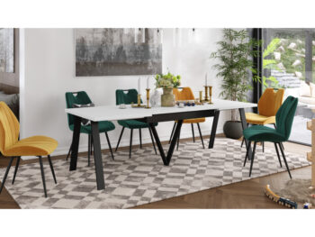 Rozkladací jedálenský stôl Aveny 140/290 v elegantnej kombinácii bielej a čiernej farby je ideálnym riešením pre moderné interiéry. Tento stôl, vyrobený z kvalitného MDF materiálu a kovu, ponúka nielen štýlový vzhľad, ale aj praktickosť vďaka svojej rozkladacej funkcii.
