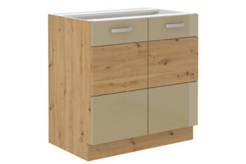 Nábytok AXEL je elegantný a výnimočný sektorový nábytok, ktorý je vhodný do nadčasových a moderných interiérov. V našej ponuke nájdete množstvo prvkov, z ktorých si zostavíte kuchyňu podľa vašich predstáv.Korpus skriniek je vyrobený z kvalitnej LTD dosky, ktorá sa jednoducho udržiava. Je vo farebnom prevedení dubu artisan. Dvierka sú vyrobené z MDF dosky potiahnuté PVC fóliou. Ich farebné prevedenie je v kombinácii farieb: capucino, dub artisan. Úchyty sú vyrobené z kovu. Sú v striebornej farbe.Kuchyňa sa skladá z:skrinka 80 ZL 2F - rozmery (š,v,h): 80 x 82 x 52 cm,dvierka na umývačku riadu 713x596 - rozmery (š,v,h): 59,6 x 71,3 x 1,6 cm,skrinka 60 D GAZ - rozmery (š,v,h): 60 x 82 x 52 cm,skrinka 50 D 1F 1S - rozmery (š,v,h): 50 x 82 x 52 cm,skrinka 50 G-72 1F - rozmery (š,v,h): 50 x 71,5 x 31 cm,skrinka 60 G-72 1F - rozmery (š,v,h): 70 x 71,5 x 31 cm,skrinka 80 G-72 1F - rozmery (š,v,h): 80 x 71,5 x 31 cm.Celkové rozmery kuchynskej linky (š, v, h): 250 x 210 x 52 cm.Súčasťou ceny je soklová lišta, úchytky, kovanie. Drez, pracovná doska a spotrebiče nie sú v cene zostavy. Pracovnú dosku a drez je možné u nás dokúpiť.Jednotlivé skrinky je možné zakúpiť aj samostatne.Dodávame v demontovanom stave.