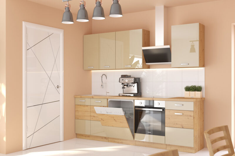 AXEL kuchynská linka 250 cm, capucino/dub artisan Nábytok AXEL je elegantný a výnimočný sektorový nábytok, ktorý je vhodný do nadčasových a moderných interiérov. V našej ponuke nájdete množstvo prvkov, z ktorých si zostavíte kuchyňu podľa vašich predstáv.Korpus skriniek je vyrobený z kvalitnej LTD dosky, ktorá sa jednoducho udržiava. Je vo farebnom prevedení dubu artisan. Dvierka sú vyrobené z MDF dosky potiahnuté PVC fóliou. Ich farebné prevedenie je v kombinácii farieb: capucino, dub artisan. Úchyty sú vyrobené z kovu. Sú v striebornej farbe.Kuchyňa sa skladá z:skrinka 80 ZL 2F - rozmery (š,v,h): 80 x 82 x 52 cm,dvierka na umývačku riadu 713x596 - rozmery (š,v,h): 59,6 x 71,3 x 1,6 cm,skrinka 60 D GAZ - rozmery (š,v,h): 60 x 82 x 52 cm,skrinka 50 D 1F 1S - rozmery (š,v,h): 50 x 82 x 52 cm,skrinka 50 G-72 1F - rozmery (š,v,h): 50 x 71,5 x 31 cm,skrinka 60 G-72 1F - rozmery (š,v,h): 70 x 71,5 x 31 cm,skrinka 80 G-72 1F - rozmery (š,v,h): 80 x 71,5 x 31 cm.Celkové rozmery kuchynskej linky (š, v, h): 250 x 210 x 52 cm.Súčasťou ceny je soklová lišta, úchytky, kovanie. Drez, pracovná doska a spotrebiče nie sú v cene zostavy. Pracovnú dosku a drez je možné u nás dokúpiť.Jednotlivé skrinky je možné zakúpiť aj samostatne.Dodávame v demontovanom stave.