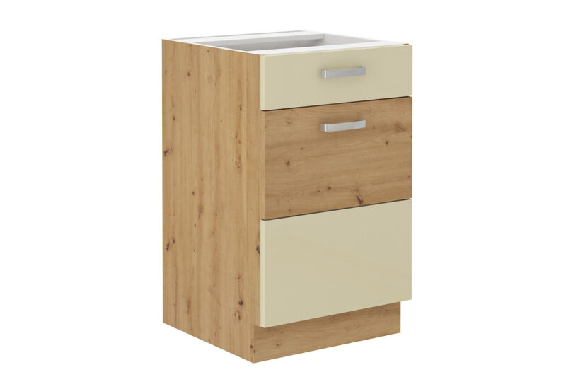 AXEL kuchynská skrinka 50D1F1S, krémová/dub artisan Nábytok AXEL je elegantný a výnimočný sektorový nábytok, ktorý je vhodný do nadčasových a moderných interiérov. V našej ponuke nájdete množstvo prvkov, z ktorých si zostavíte kuchyňu podľa vašich predstáv.Korpus skrinky je vyrobený z kvalitnej LTD dosky, ktorá sa jednoducho udržiava. Je vo farebnom prevedení dubu artisan. Dvierka sú vyrobené z MDF dosky potiahnuté PVC fóliou. Ich farebné prevedenie je v kombinácii farieb: krémová a dub artisan. Úchyty sú vyrobené z kovu. Sú v striebornej farbe.Dolná kuchynská skrinka je jednodverová, s jednou praktickou zásuvkou. Jej súčasťou je spodný sokel. V našej ponuke nájdete pracovné dosky a tiež nástenné panely, ktoré si môžete ku kuchynskej skrinke dokúpiť. Rozmery (š,v,h): 50 x 82 x 52 cm.Dodávame v demontovanom stave.