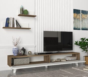 Štýlový TV stolík na nožičkách AZIA vás očarí svojim minimalistickým dizajnom a priaznivou cenou. Tento nábytok je charakteristický prírodnou kresbou dreva, ktorá je doplnená bielymi modernými nožičkami. TV skrinka poskytuje dostatok úložného priestoru vo forme skriniek s výklopom. Bonusom sú závesné police v cene, ktoré ideálne poslúžia na vystavenie dekorácií či kníh. Farebné prevedenie: orechRozmery TV stolíka: (š/v/h) 180 x 32,6 x 31,3 cm (ďalšie rozmery v nákrese)Dodávame v demonte.