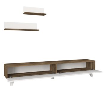 Štýlový TV stolík na nožičkách AZIA vás očarí svojim minimalistickým dizajnom a priaznivou cenou. Tento nábytok je charakteristický prírodnou kresbou dreva, ktorá je doplnená bielymi modernými nožičkami. TV skrinka poskytuje dostatok úložného priestoru vo forme skriniek s výklopom. Bonusom sú závesné police v cene, ktoré ideálne poslúžia na vystavenie dekorácií či kníh. Farebné prevedenie: orechRozmery TV stolíka: (š/v/h) 180 x 32,6 x 31,3 cm (ďalšie rozmery v nákrese)Dodávame v demonte.