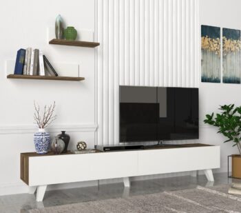 Štýlový TV stolík na nožičkách AZIA vás očarí svojim minimalistickým dizajnom a priaznivou cenou. Tento nábytok je charakteristický prírodnou kresbou dreva, ktorá je doplnená bielymi modernými nožičkami. TV skrinka poskytuje dostatok úložného priestoru vo forme skriniek s výklopom. Bonusom sú závesné police v cene, ktoré ideálne poslúžia na vystavenie dekorácií či kníh. Farebné prevedenie: orechRozmery TV stolíka: (š/v/h) 180 x 32,6 x 31,3 cm (ďalšie rozmery v nákrese)Dodávame v demonte.