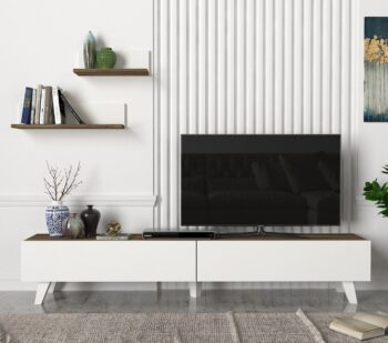 Štýlový TV stolík na nožičkách AZIA vás očarí svojim minimalistickým dizajnom a priaznivou cenou. Tento nábytok je charakteristický prírodnou kresbou dreva, ktorá je doplnená bielymi modernými nožičkami. TV skrinka poskytuje dostatok úložného priestoru vo forme skriniek s výklopom. Bonusom sú závesné police v cene, ktoré ideálne poslúžia na vystavenie dekorácií či kníh. Farebné prevedenie: orechRozmery TV stolíka: (š/v/h) 180 x 32,6 x 31,3 cm (ďalšie rozmery v nákrese)Dodávame v demonte.