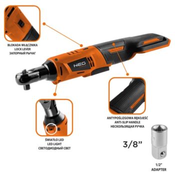 Akumulátorová račňa Energy+ 18V, Li-lon, 3/8 palcov, bez batérie, 1/2 palcový adaptér 04-603 NEO